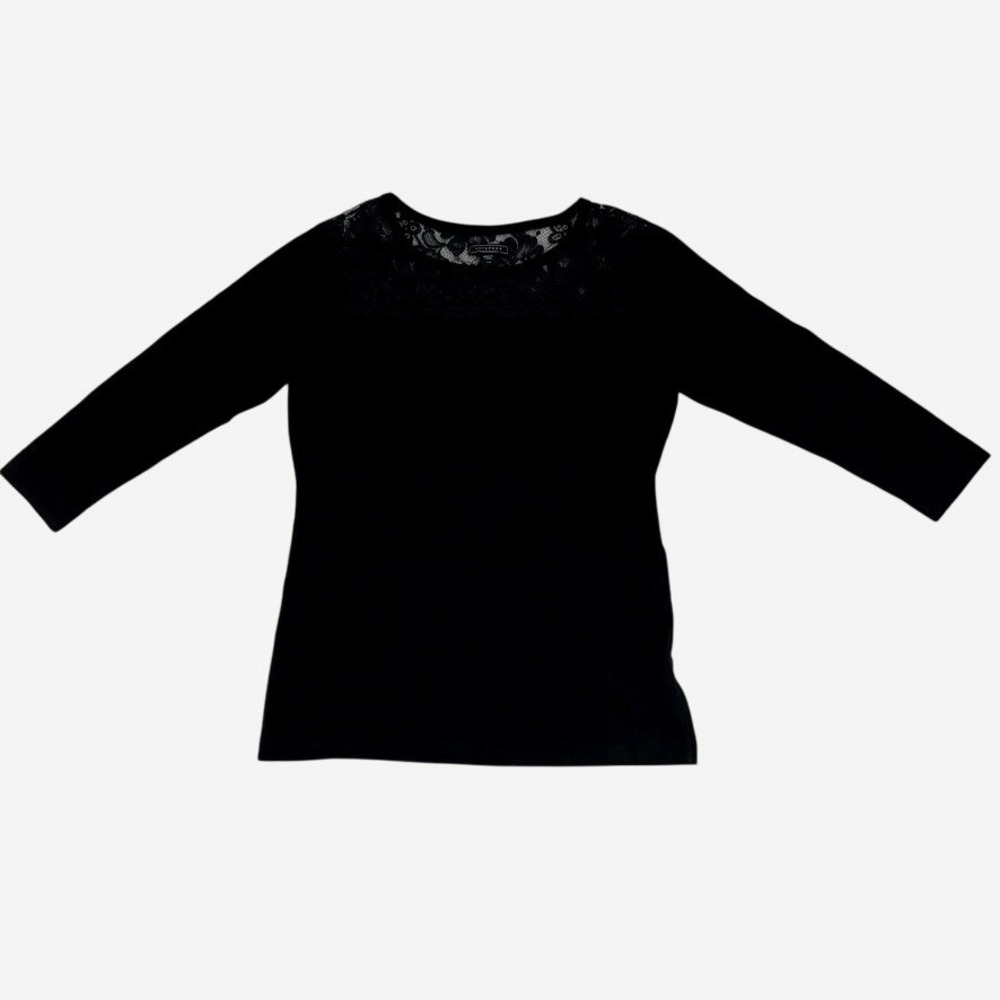 Black Lace Yoke Top L Sheer Floral Gothic Romantic Stretch Knit Blouse